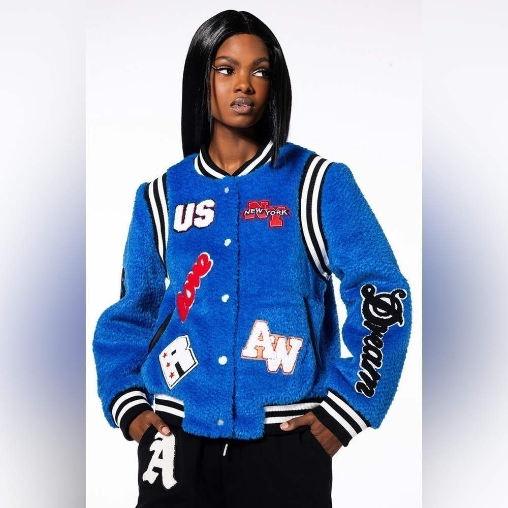 AZALEA WANG WELCOME BACK TEDDY VARSITY JACKET MED NWT
